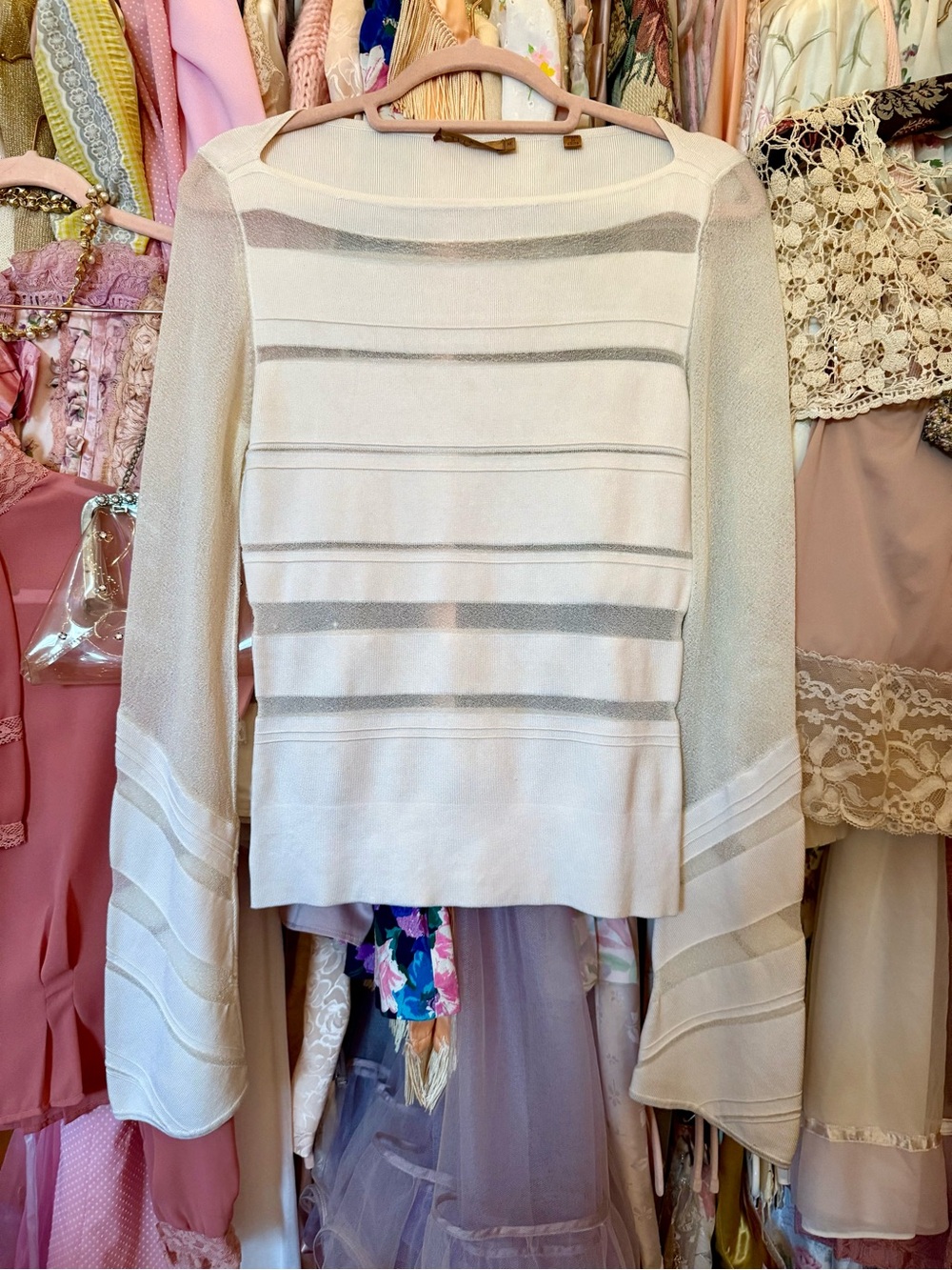 Essendi Silk Knit Cream and Mesh Stripe Long Sleeve Blouse M